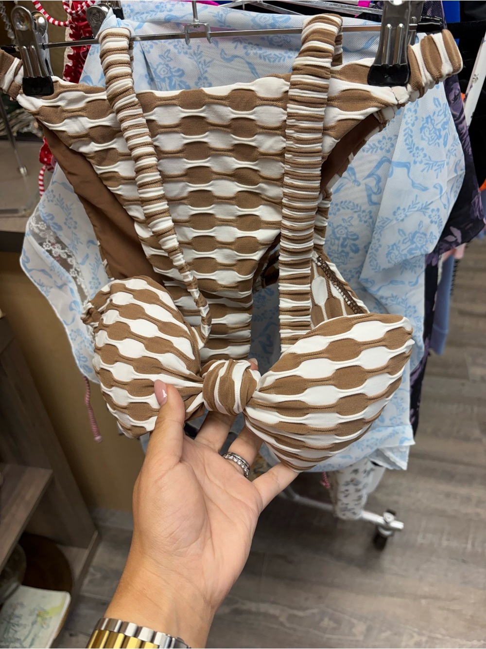 Women's Brown and White Striped Knot-Front Bikini with cheeky bottoms - NWOT